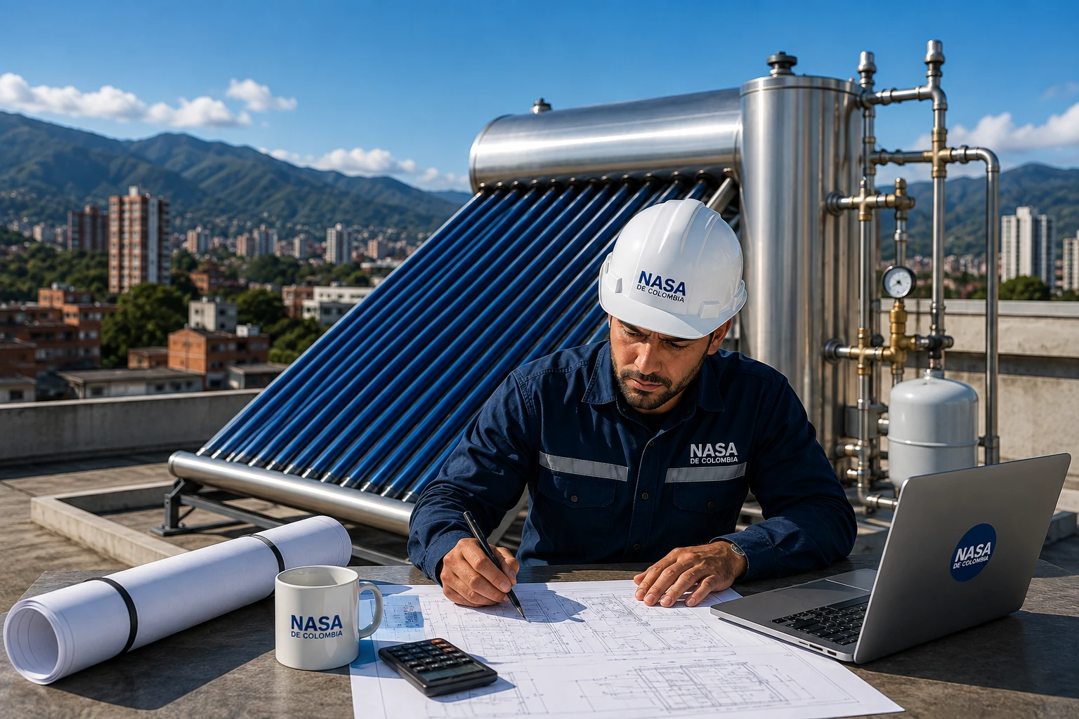 Ingeniero de NASA de Colombia revisando un proyecto de energía solar térmica