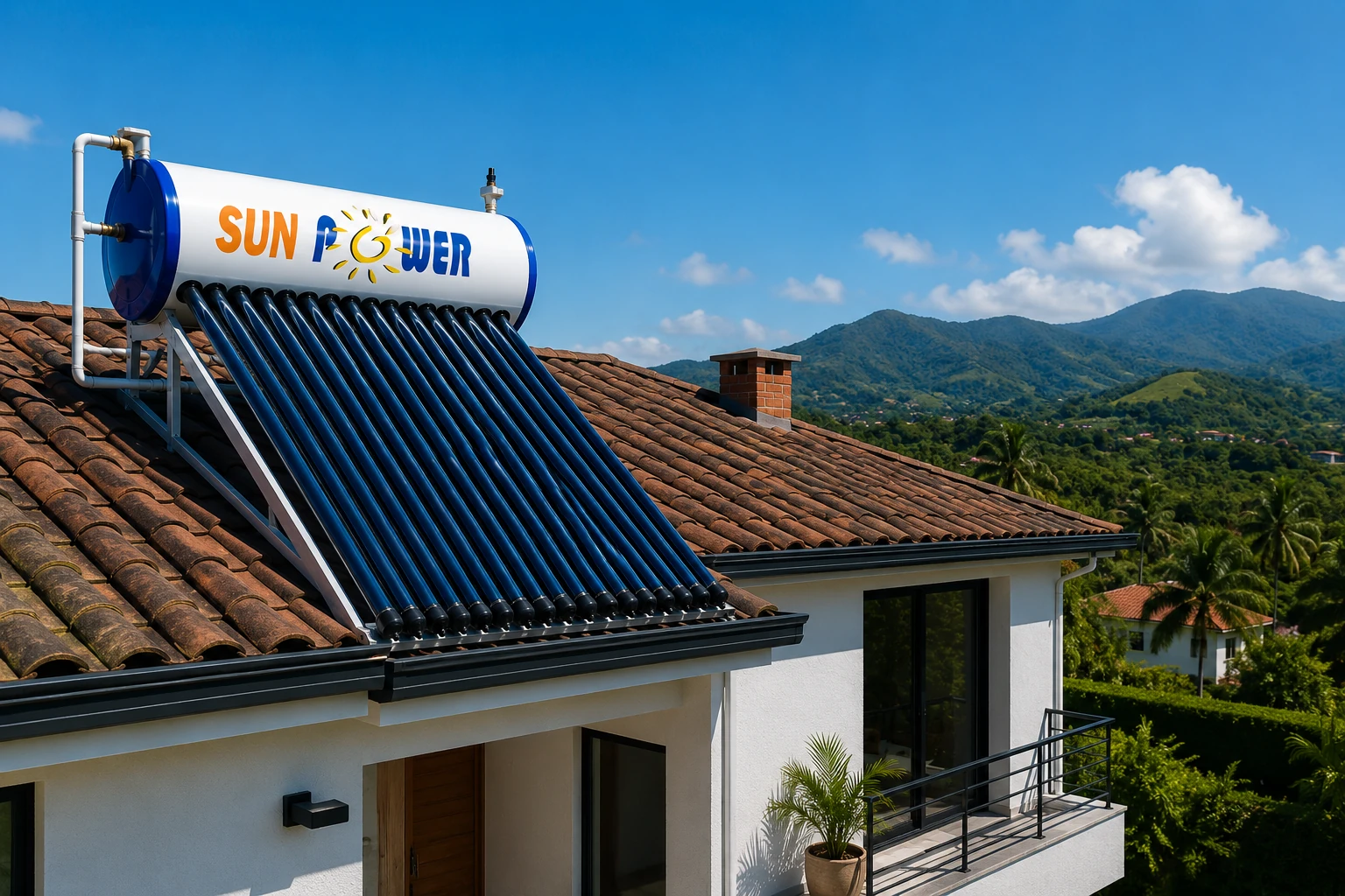 Sistema solar térmico SunPower instalado en el techo de una vivienda