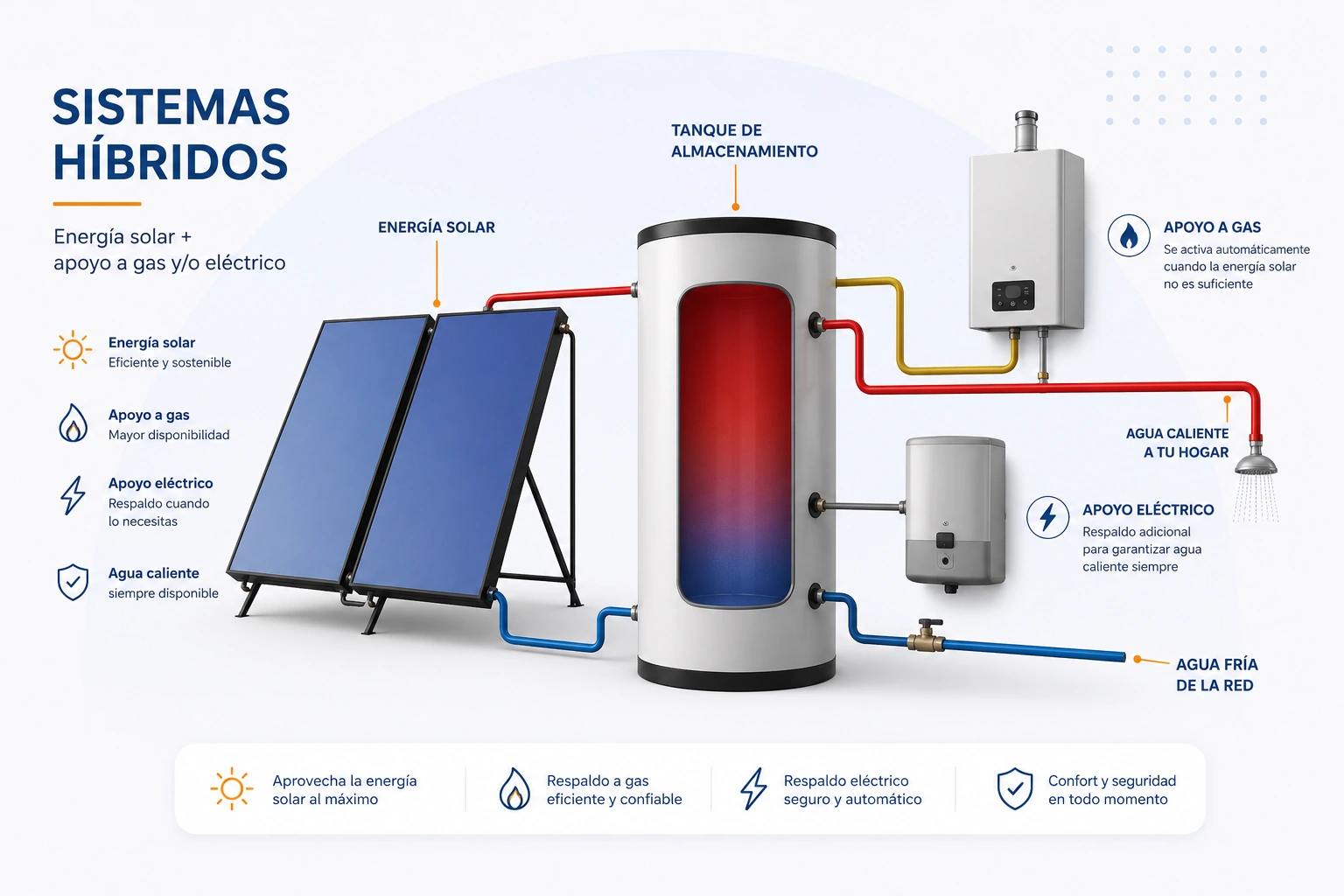 Sistema híbrido de energía solar térmica con apoyo a gas y eléctrico para soluciones comerciales
